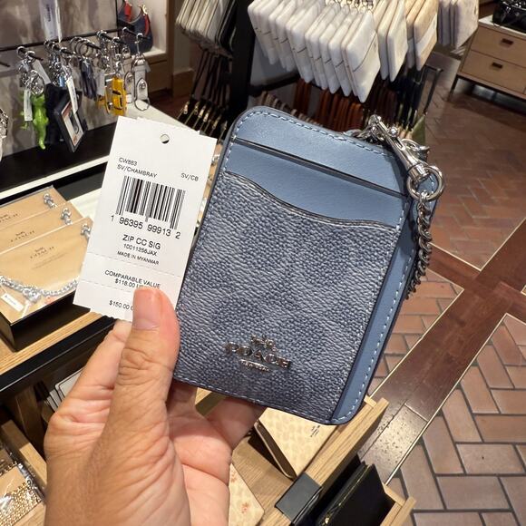 Coach CW883 Zip Card Case In Signature Canvas, signature canvas/Silver/Chambray - Picture 1 of 5